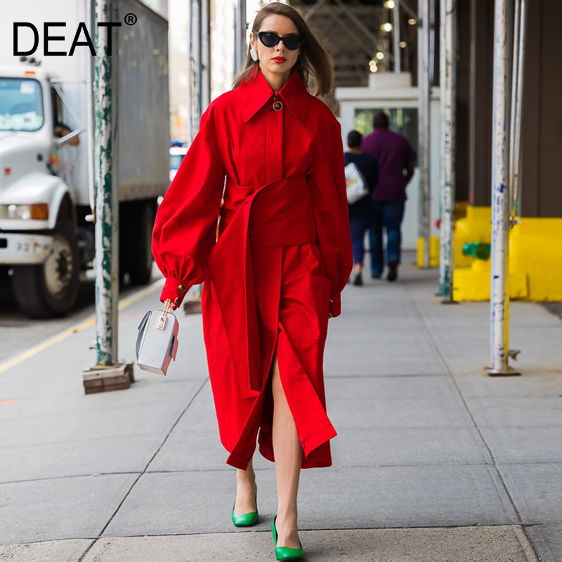 

DEAT 2018 new autumnlantern sleeves women clothing Windbreaker Loose Coat Red Overcoat Woman and waist belts wide WC01603L