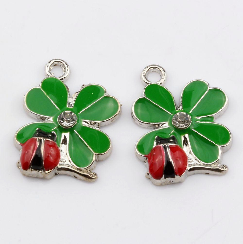 

50pcs Green Enamel Lucky Grass With Ladybug Charm Pendant DIY Jewelry 18X 22MM Fit Bracelets Necklace Earrings