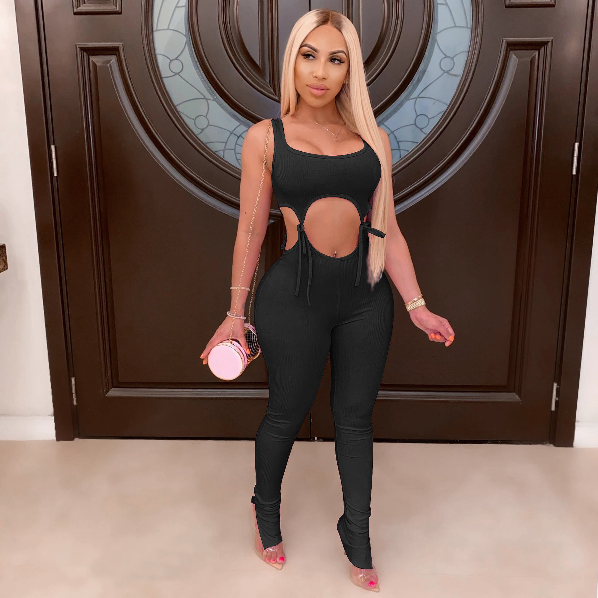 

Stretch 2 Piece Club Outfits for Women Sexy Sleeveless Lace Up Crop Top and Bodycon Long Pencil Pants Set Tracksuit, White