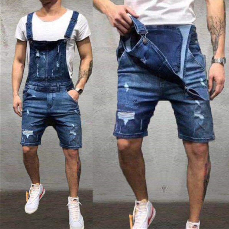 

Denim overalls hole slim men' trousers men' feet pants British style suspenders jeans and trousers, Black