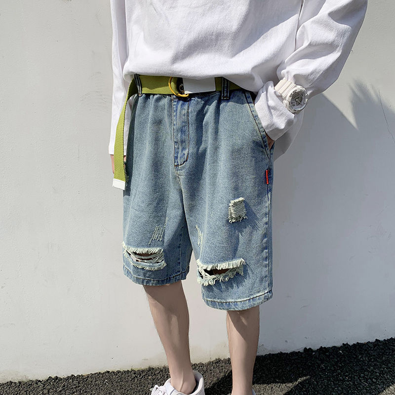 

2020 Summer New Youth Popular Broken Hole White Loose Mid-low Waist Denim Shorts Fashion Casual Wild Five-point Pants Blue -3XL