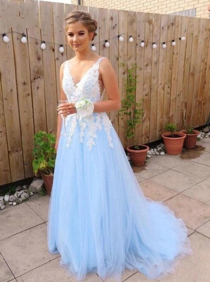 

Light Sky Blue Prom Dresses A Line Long Evening Party Gowns With Ivory Lace Applique Tulle Women Formal Dresses 2020 Elegant Vestidos, Daffodil