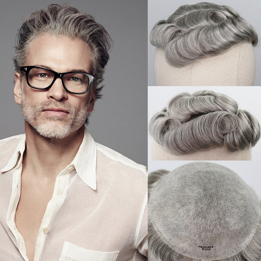 

Thin PU Human Hair Toupee for Men #5 80% Grey Hair Men Toupee Hair Replacement System 6 Inch Curly Hairpieces 8x10, Natural color