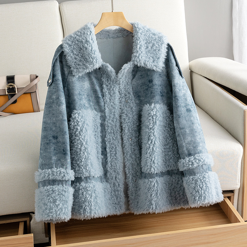 

100% Wool Jacket Autumn Winter Coat Women Clothes 2019 Korean Real Fur Coat Vintage Sheep Shearling Tops Suede Lining ZT3892, Blue