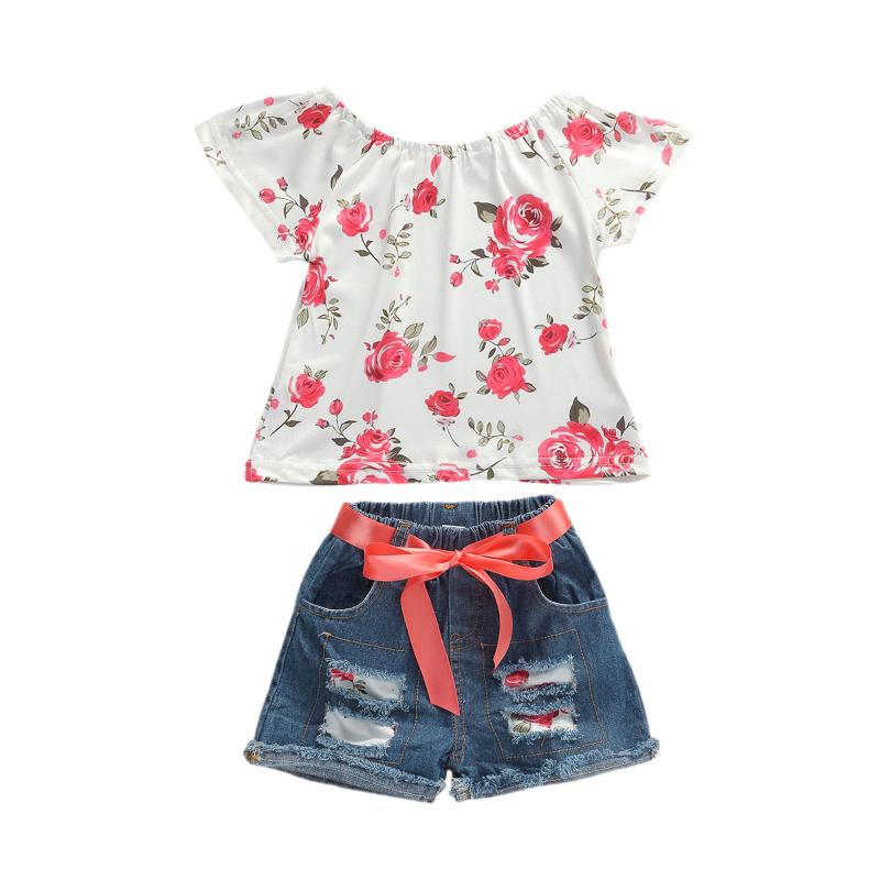 

New Kid Girls Off Shoulder Rose Print Top and Ripped Denim Shorts Set Summer Fashion 2-piece Outfit Set, As pic