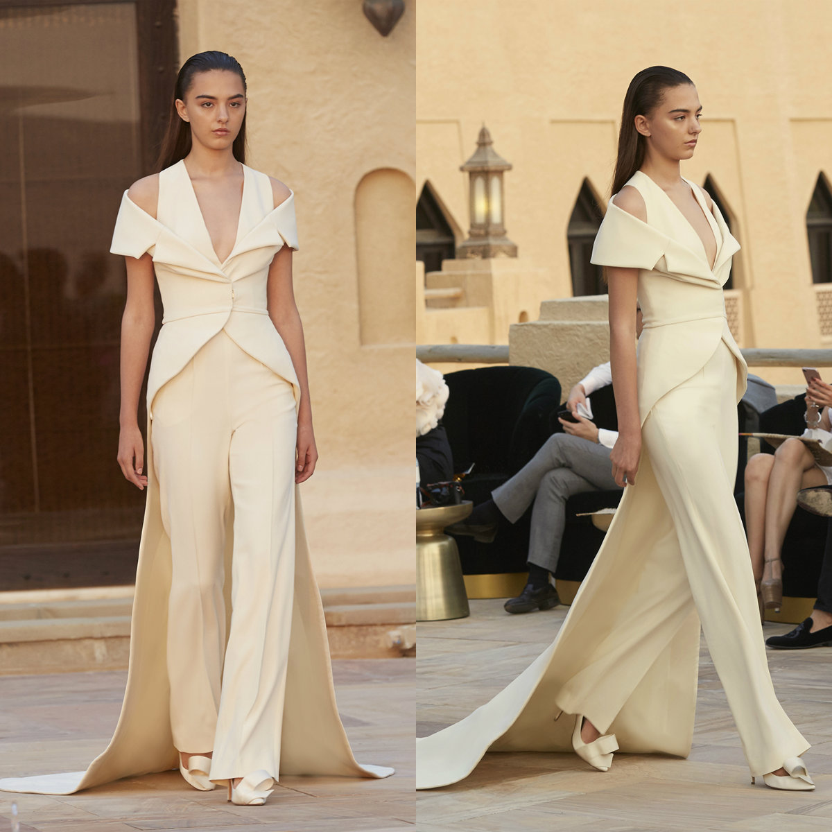 

Ashi Studio Prom Jumpsuits With Long Train Halter Deep V Neck Satin Custom Made Evening Dress Party Wear, Nude