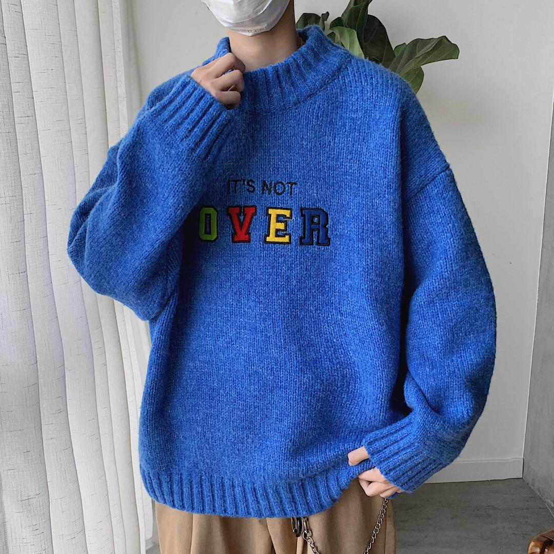 

Pink Cashmere Sweaters Men Winter Korean Style High Street Oversize Woolen Knitting Sweater Men Warm Embroidery Letter Sweaters, Blue