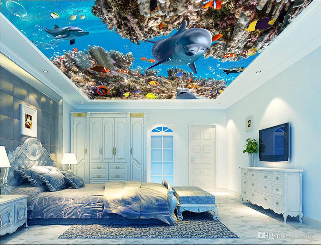 

3d ceiling murals wallpaper custom photo non-woven murals wallpaper for walls 3 d Underwater world coral ceiling interior for home, Picture shows