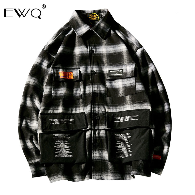 

EWQ / Autumn Winter 2019 Plaid Turn-down Collar Pockets Print Long Sleeve Loose Shirt Man's Korea Style Temperament Jacket FT192, Black