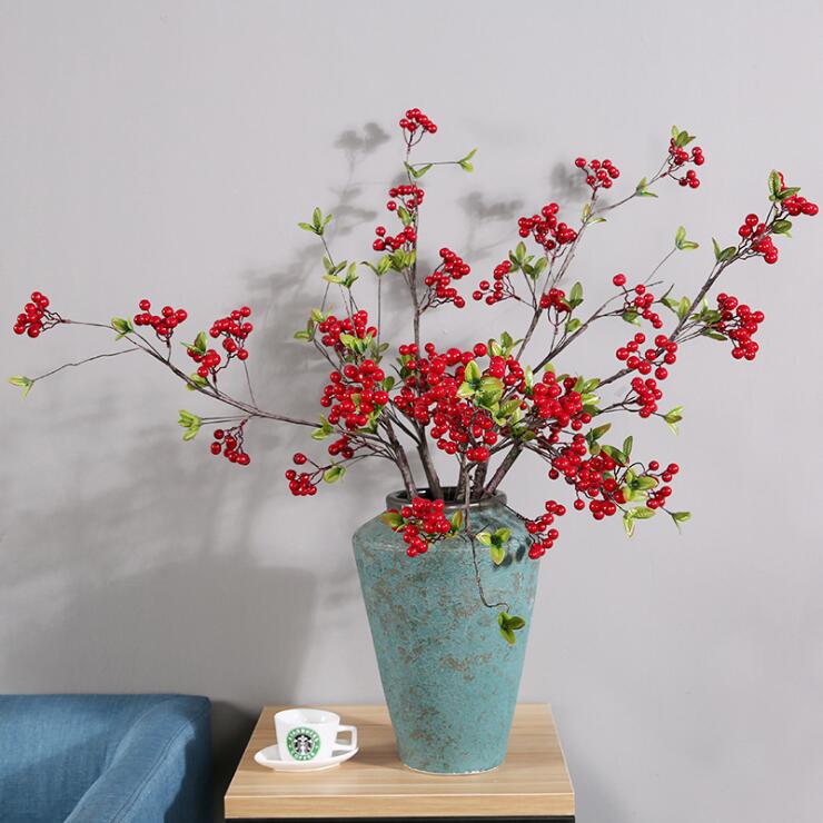 

2019 Artificial Long stem Berry branch small red bacca fruit fake flowers for new house table Decorations Xmas wreath flores
