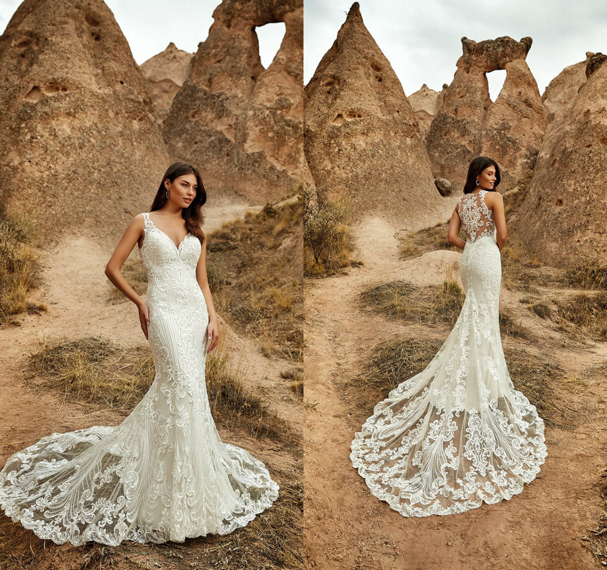 

Eddy K Luxurious Wedding Dresses V Neck Button Back Bridal Gowns Custom Made Lace Appliques Beads Sweep Train Mermaid Robe De Soiree, Champagne