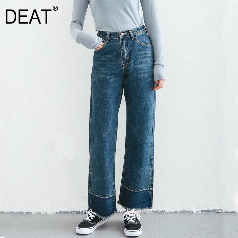 

DEAT] 2019 Autumn Fashion Trend New Pattern Vintage High Waist Women's Jeans Harajuku Simple Waist Straight Spleced AI845, Blue
