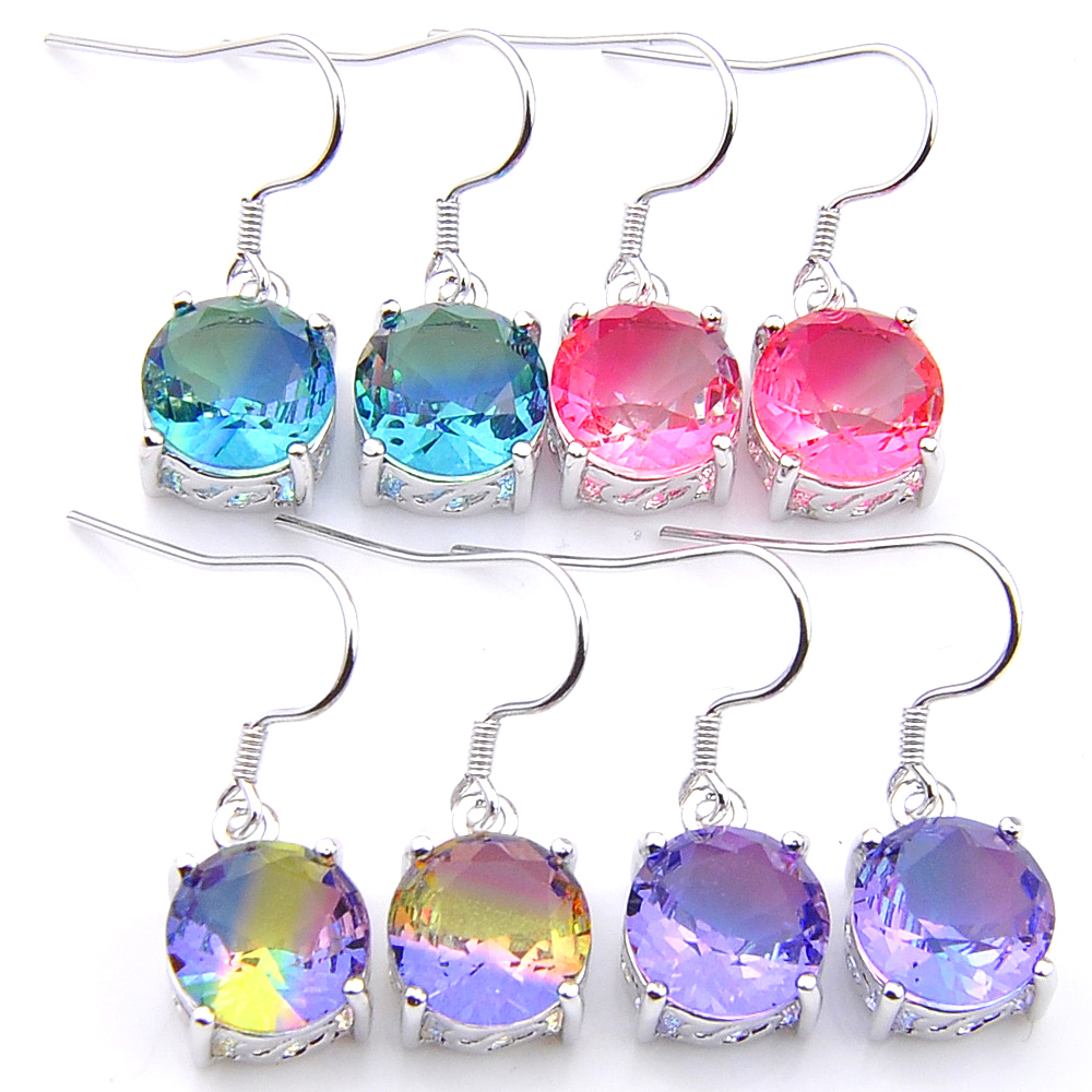 LuckyShine Classical Round 4 Pcs Bi Colored Tourmaline Gems 925 Sterling Silver Plated For Women Dangle Hook Earrings Set