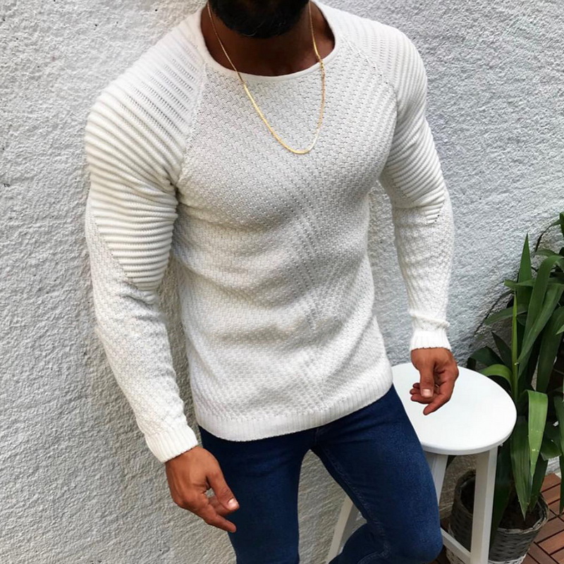 

Fashion Men Jumpers Knitted Pullovers Warm Tops 2019 Men' Fit Pullover Tops Solid Autumn Winter Sweaters Stitching Sueter Homme, White