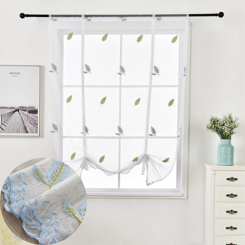 

Leaves Embroidered Tulle Roman Curtains For Kitchen Blue Lace Sheer Curtains For Living Room Breathable Window Roman