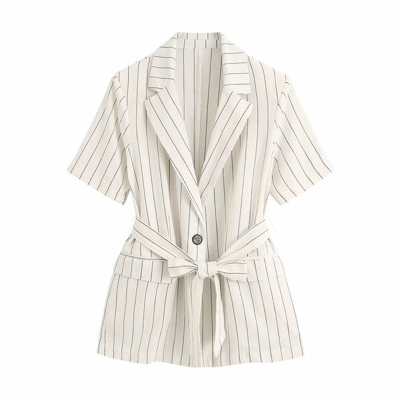

Summer Casual Stripe Blazer Women Notched Neck Short Sleeve Office Suit Jacket Female Single Button Sashes Elegant Coat