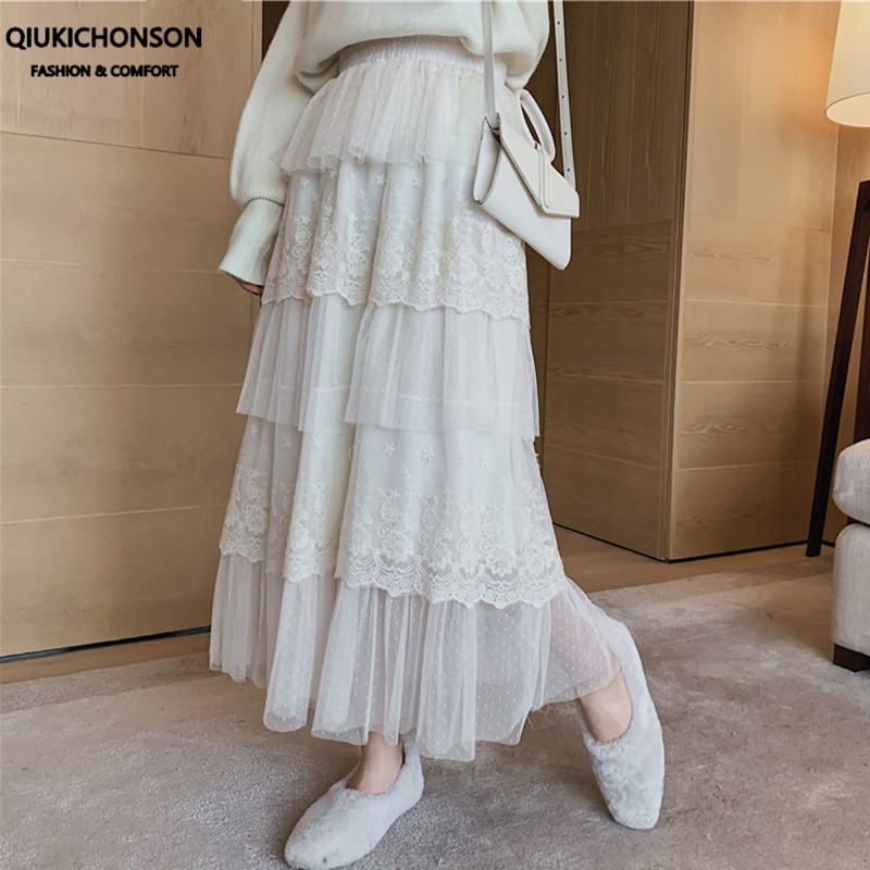 

Korean Style Teens Girls Kawaii Lace Patchwork Layered Ruffle Mesh Skirts Spring Summer High Waist Midi Long Tulle Skirt Women, Beige