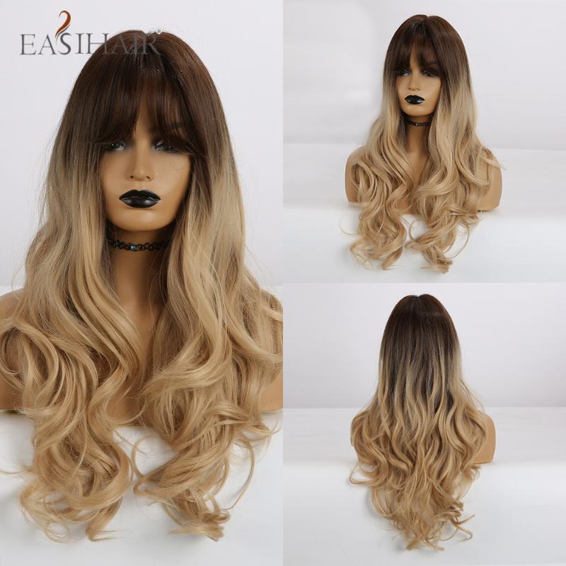 

EASIHAIR Long Wavy Brown to Blonde Ombre Hair Wigs With Bangs Heat Resistant Synthesis Wigs for Women Afro Cosplay Party, Lc270n-1