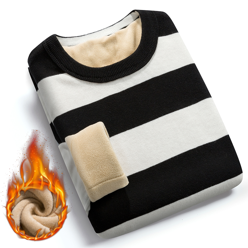 

Winter Sweater For Men Plus Velvet 2019 New Stripe Thick Keep Warm Student Male Knitted Pullover Sweater Teenage Boys M61, Black