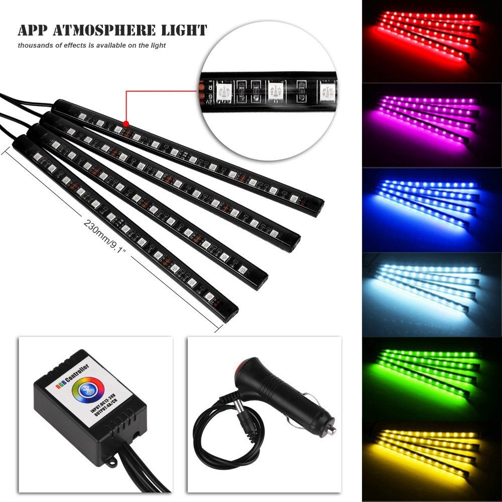 

Car LED Strip Light 4pcs 48 LED Bluetooth App Controller Car Interior Lights, Multicolor Music Lighting Kits Charger