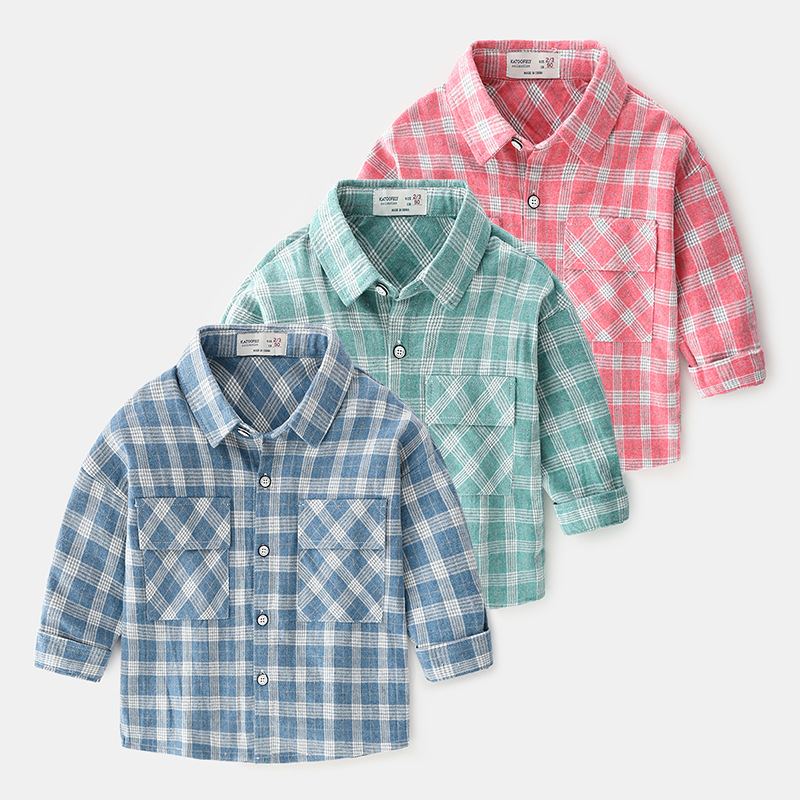 

Boy Kids Designer Clothing shirt Long Sleeve Turn Down collar Plaid Print shirt Boy causal 100% cotton Kids Shirt 3 Colors 90-130cm, Blue