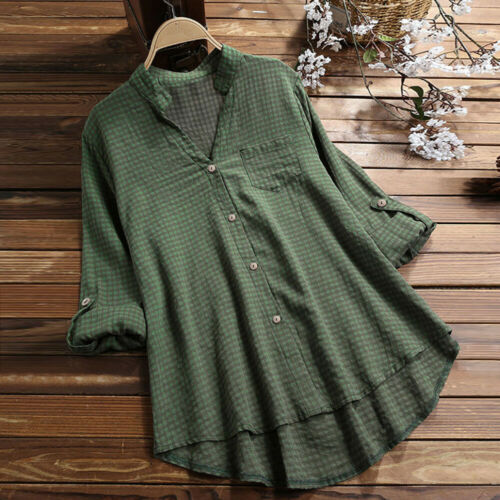 

Women Retro V Neck Long Sleeve Casual Loose Baggy Tunic Tops Blouse Plus Size, Brown