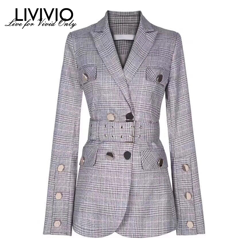 

LIVIVIO] Elegant Plaid Blazer Notched Collar Long Sleeve Sashes Tunic Double Breasted Coats Female Fashion Clothing 2019, Black