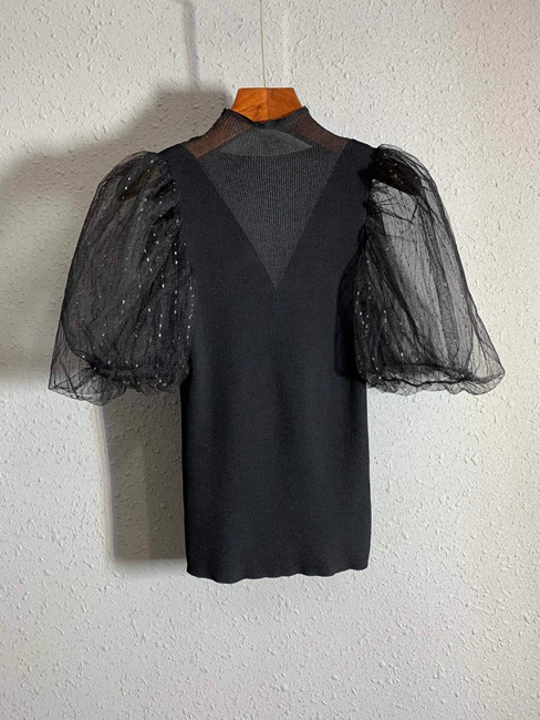 

2020 Early Spring New Women' round Neck Lace Perspective Stitching Short Sleeve Knitted All-match Top 328, Black