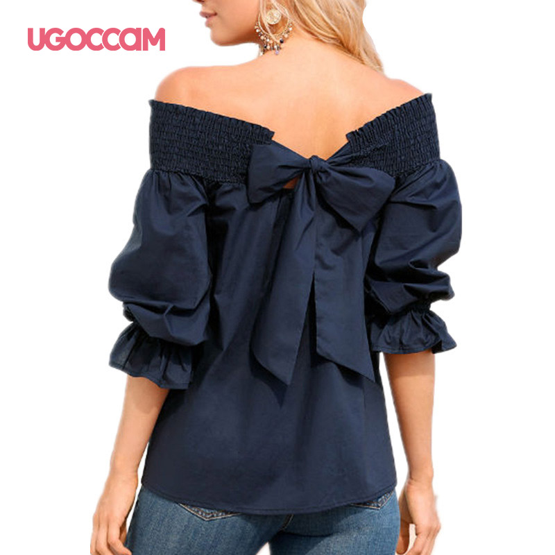 

UGOCCAM Bow Tops Street Style Folds Slash Neck Lantern Sleeve Ruffles Sweet T-shirt Three Quarter Sleeve Summer Tees Casual, K01260-1