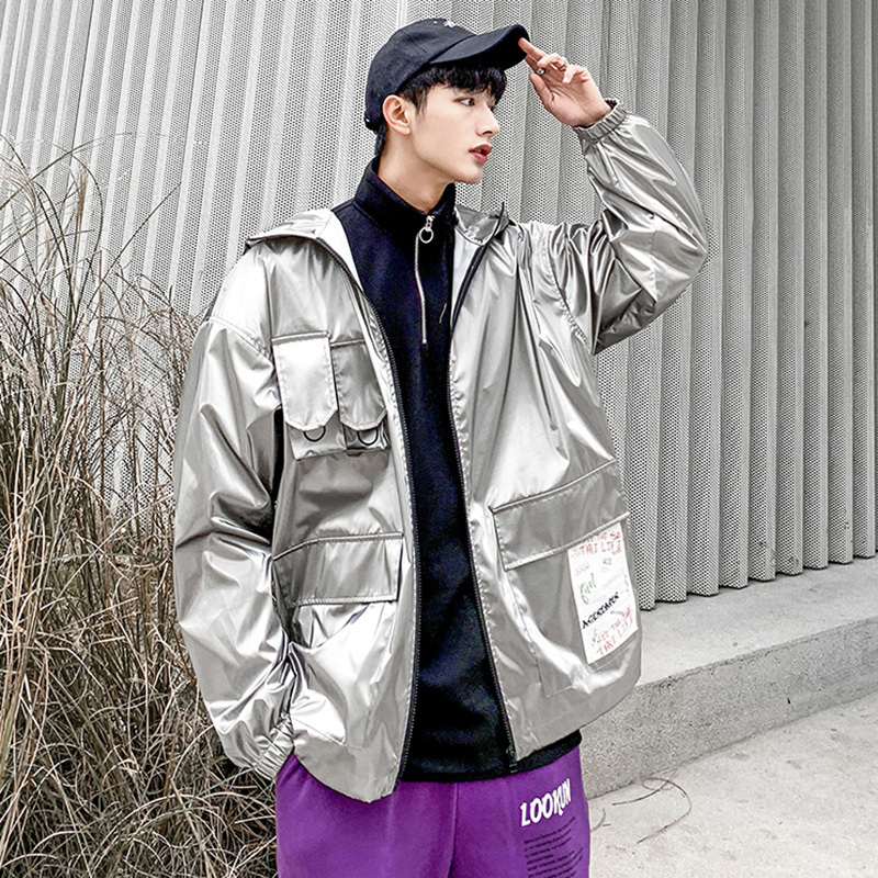 

2020 Autumn Glossy DJ Club Outfit Homme Shinny Silve Slim Fit Bomber Jacket Men Sharp Jaquetas Masculin, Sgrey silver