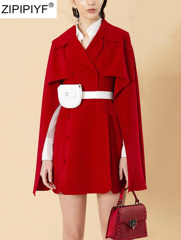 

2020 Spring Coat Ladies Solid Turn Down Collar Slim Cape Overcoat Long Batwing Sleeve Elegant Casual Fashion Woolen Coat, Red