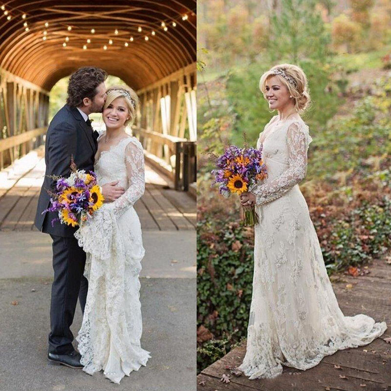

Stunning Kelly Clarkson Country Wedding Dresses Spring Long Sleeves Beaded Bohemian Lace Wedding Dresses Plus Size Bridal Gowns, Ivory