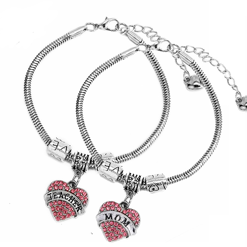 

New Fashion Jewelry Pink & White & Blue Crystal Heart Teacher Charm Bracelet Snake Chain Love Beads Bracelet Teacher's Day Gifts