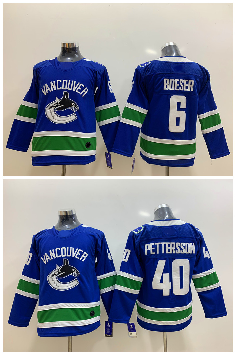 

2019 Kids Vancouver Canucks Jersey 40 Elias Pettersson 6 Brock Boeser Blue Home Stitched Youth Hockey Jersey Size S/M /XL, As pic