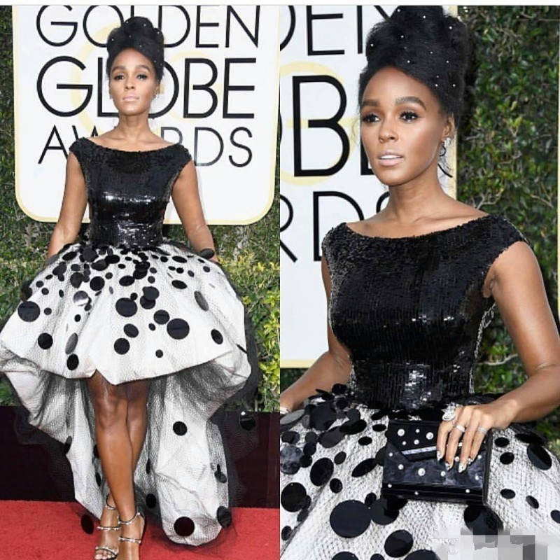 

Sexy Janelle Monae Black and White Celebrity Evening Dresses Sequins Handmade Flowers Tulle 2020 New Golden Globe Prom Dress Evening Gowns, Gray