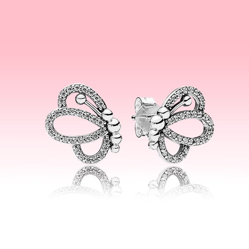 NEW Sparkling Openwork Butterfly Stud Earrings Fashion Women Jewelry for Pandora 925 Sterling Silver Earring set with Original box