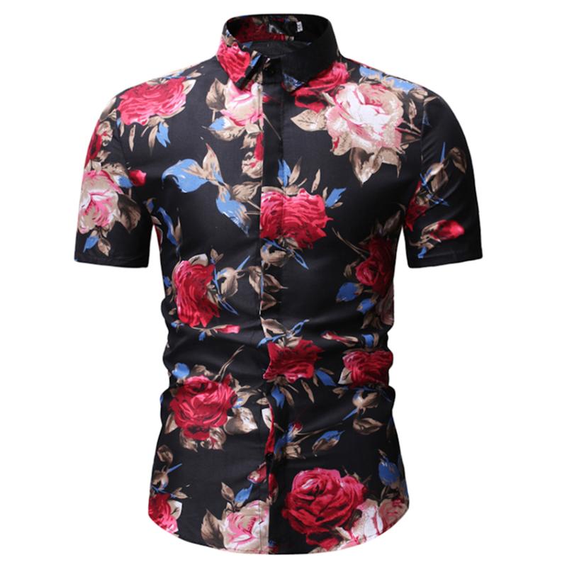 

Men Shirts 2020 Summer Short Sleeve Tops Flower Print Korean Clothes Men 's Shirt Casual Turn-down Collar Top Male Clothing, Black