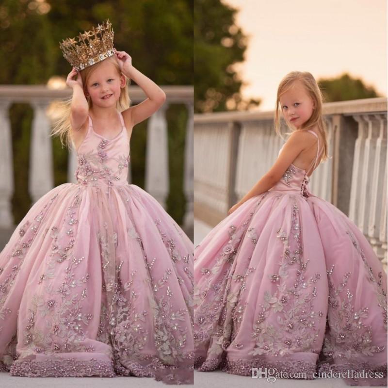 

2020 Princess Spaghetti Strap Appliques Beaded Flower Girls Dresses Lace-up Back Pearls Long Ball Gown Girls Pageant Birthday Dress, Hunter