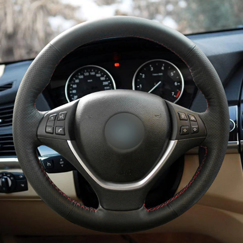 Black Natural Leather Car Steering Wheel Cover for BMW E70 X5 2008-2013 E71 X6 2008-2014-image-440433852