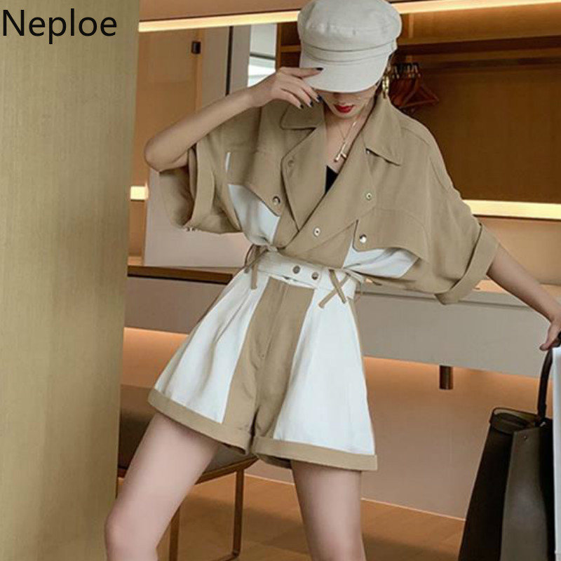 

Two Piece Dress Neploe 2 Set Women Spring 2021 Fashion Turn Down Collar Single Breasted Top+High Waist Wide Leg Shorts Suit 1A106, Khaki