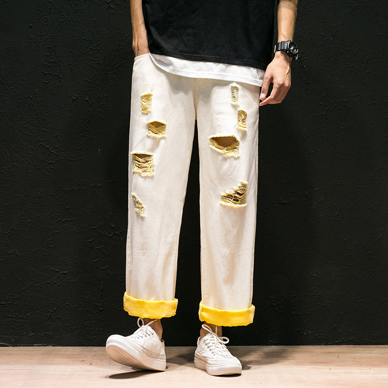 

Ripped Straight Jeans Men Contrast Cuffs Cotton Wide Leg Washed Hole 2019 Hip Hop Streetwear Loose Ankle-Length Casual Pants Man, Blue