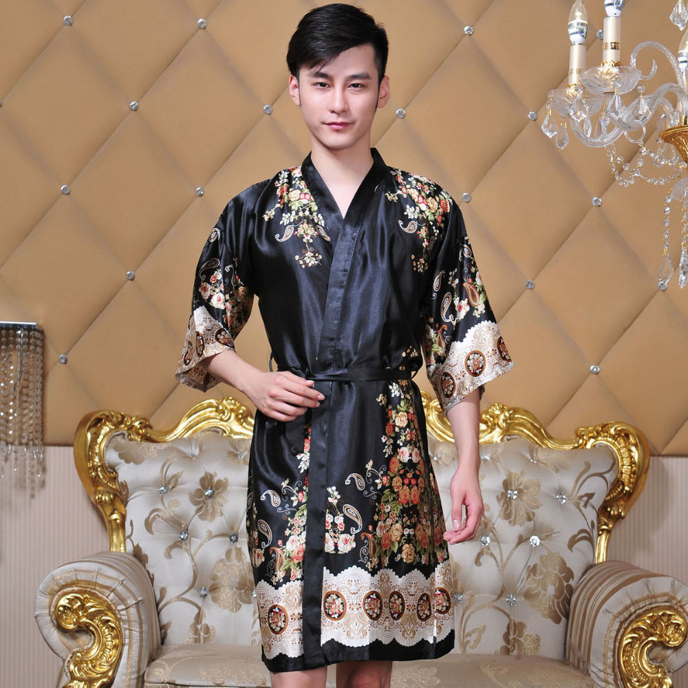 

New Summer Black Chinese Men's Silk Hand-Made Painted Kaftan Lounge Sleepwear Robe Gown With Belt Free Size 14 Colors 0113