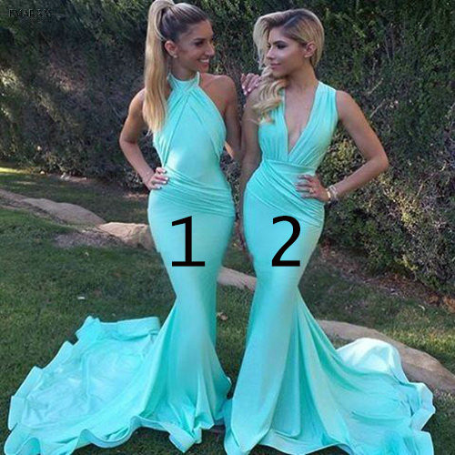 

Turquoise Mermaid Bridesmaid Dresses Long 2019 High Neck Pleats Open Back African Women Wedding Guest Dress Maid Of Honor Dress Gowns, Same as image