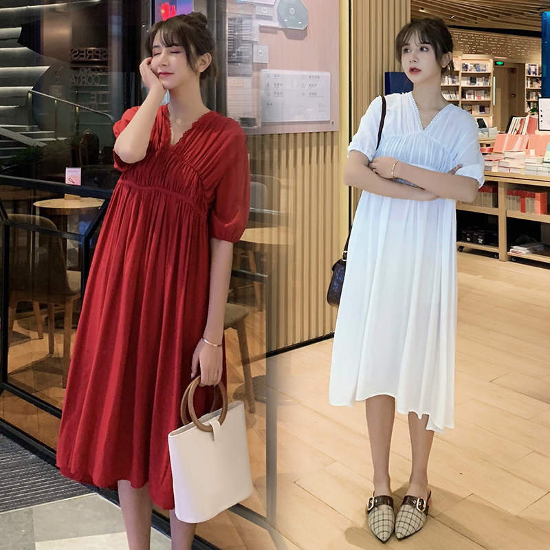 

6812# Maternity Clothes Summer Cotton V Neck Solid Color Short Sleeve Loose Stylish Dress for Pregnant Women Mom Dress, White