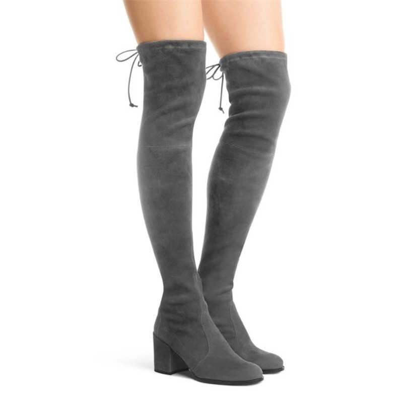 

Hot Sale-Top.Damet Thigh High Boots Women Sexy Round Toe Square Heel Flock Long Boots Plus Size Autumn Winter Over the Knee Ladies, Blue