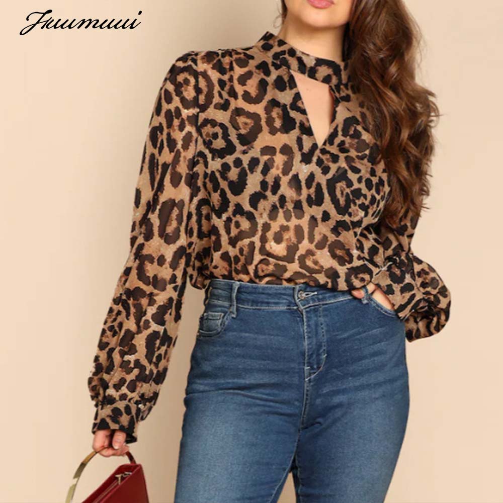 

Fuumuui Leopard Women Blouse Top Long Sleeve V-neck Female Casual Shirts Tops Spring Autumn Sexy Leopard Print Lady Shirt Blouse, Brown
