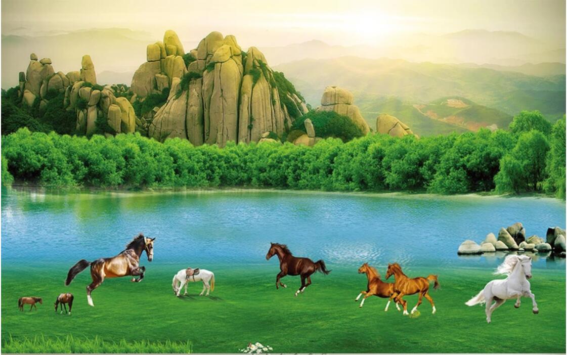 

3d room wallpaper cloth custom photo mural Grassland landscape painting, horses, green background wall wall wallpaper for walls 3 d, Non-woven fabric