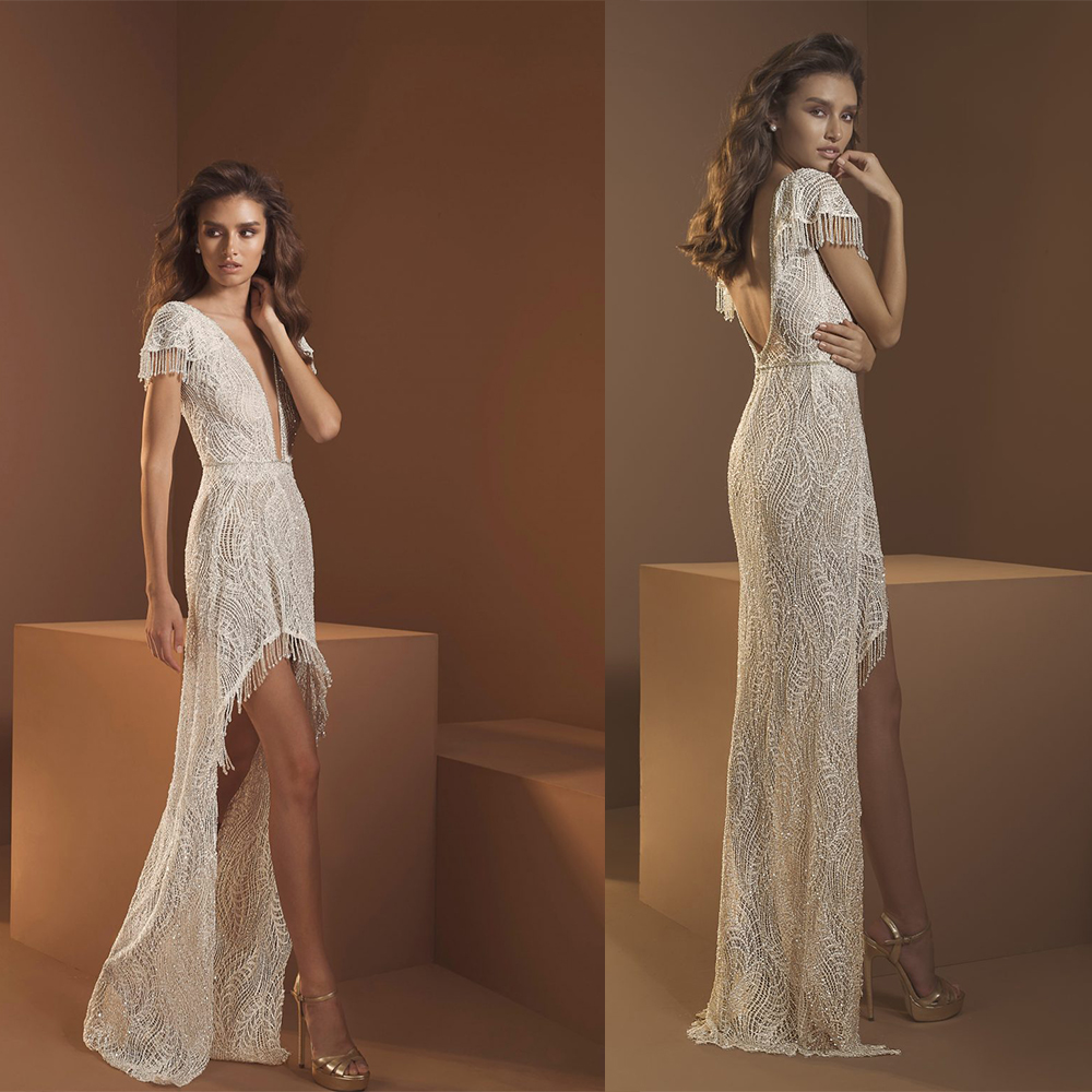 

2020 High Low Mermaid Wedding Dresses V Neck Sequins Beaded Tassel Bridal Dress Backless Short Sleeves Custom Made Lumbar Vestidos De Novia, Grape