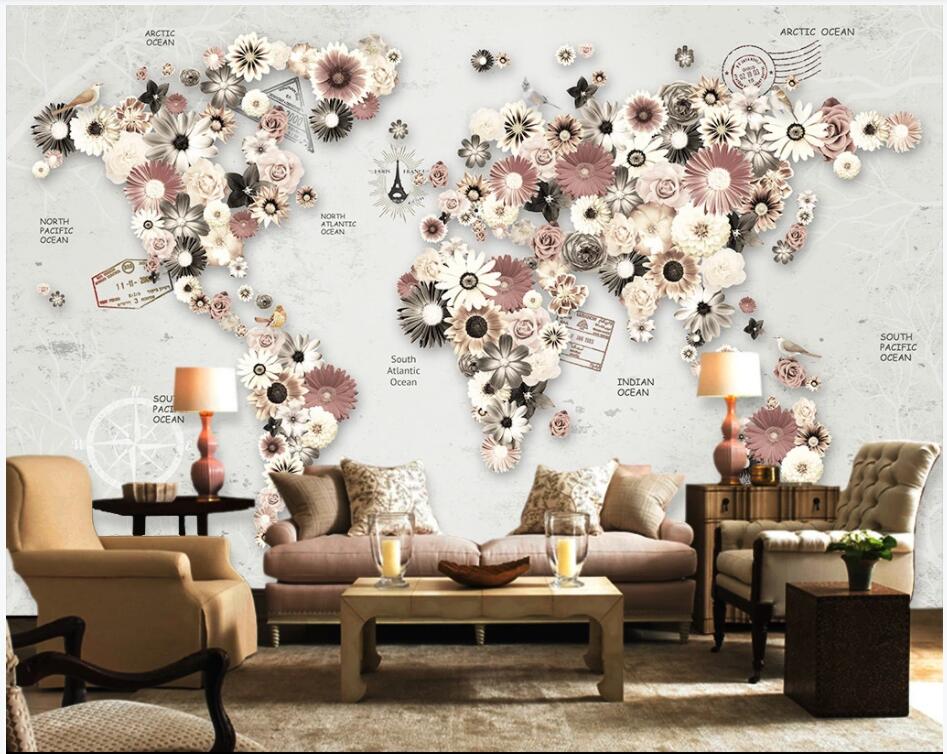 

3d wallpaper custom photo Flowers World Map tv background home decor 3d wall murals wallpaper for walls 3 d living room, Non-woven