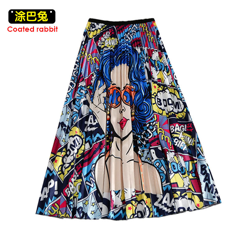 

CR 2019 Autumn Pleated Skirt Female Europe Fashion Cartoon Print Casual Women Skirt Elasticity Waist Style Skirts Plus Size, A13
